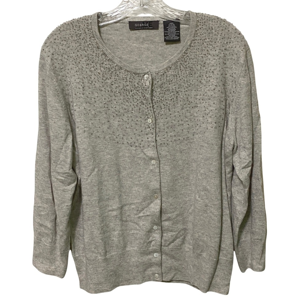 Vtg Y2K George ME Mark Eisen Beaded Cardigan XL Gray Wool Blend Preppy Old Money